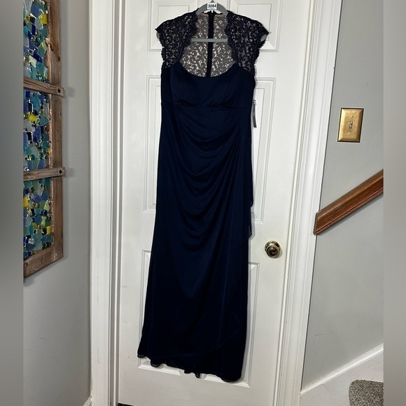 X by Xscape Stand-collar Illusion Back Gown Evening Women 14 Navy Built in Bra - Picture 7 of 12
